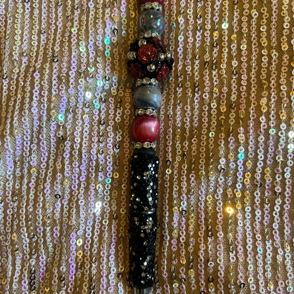 Embellished Beaded Black and Red Pen